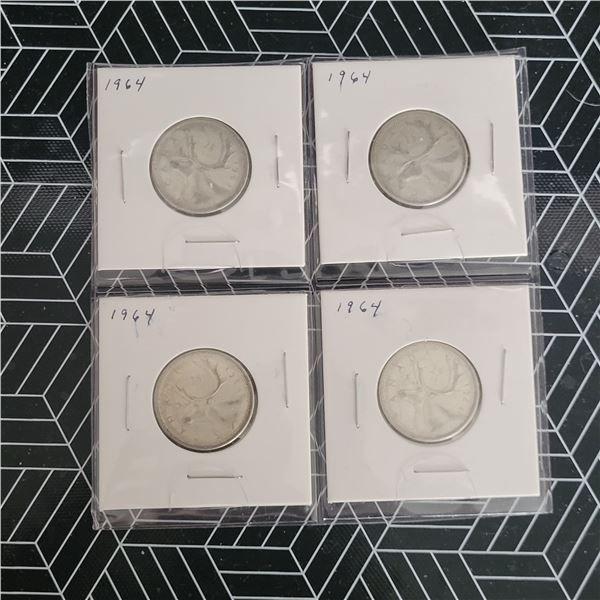 4 Canadian Silver Quarters 1964