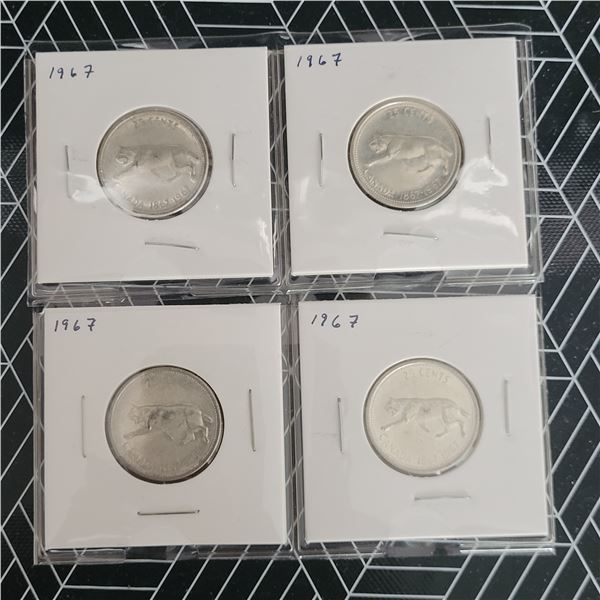 4 Canadian Silver Quarters 1967