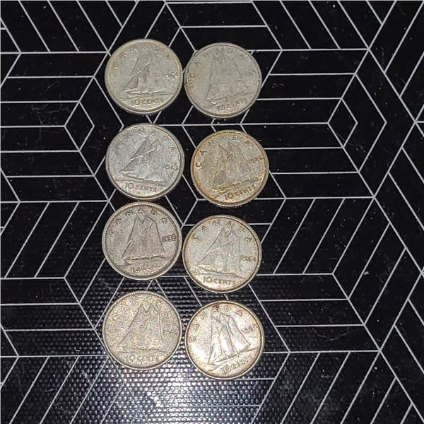 8 Canadian Silver Dimes 1938-1966