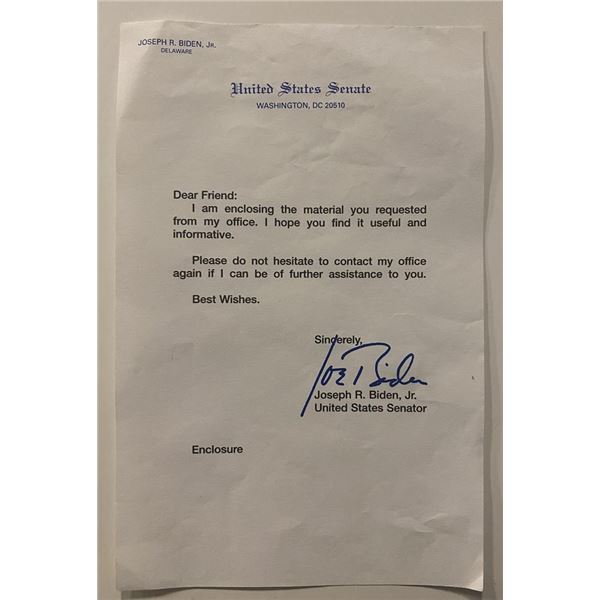 US Delaware Senator Joseph r. Biden Jr facsimile signed letter