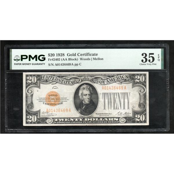 1928 $20 Gold Certificate PMG 35EPQ