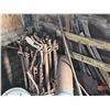 Image 19 : Work Shop Items : Forge Blower & Table; Post Drill; Jack Shaft; Metal Parts & Pieces; Wagon Wheels; 