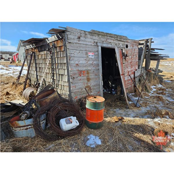 Work Shop Items : Forge Blower & Table; Post Drill; Jack Shaft; Metal Parts & Pieces; Wagon Wheels; 