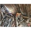 Image 20 : Work Shop Items : Forge Blower & Table; Post Drill; Jack Shaft; Metal Parts & Pieces; Wagon Wheels; 