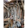 Image 6 : Work Shop Items : Forge Blower & Table; Post Drill; Jack Shaft; Metal Parts & Pieces; Wagon Wheels; 