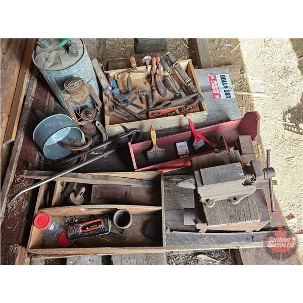 Pallet Lot: Antique Tools, Vise, Gooseneck Bars, etc