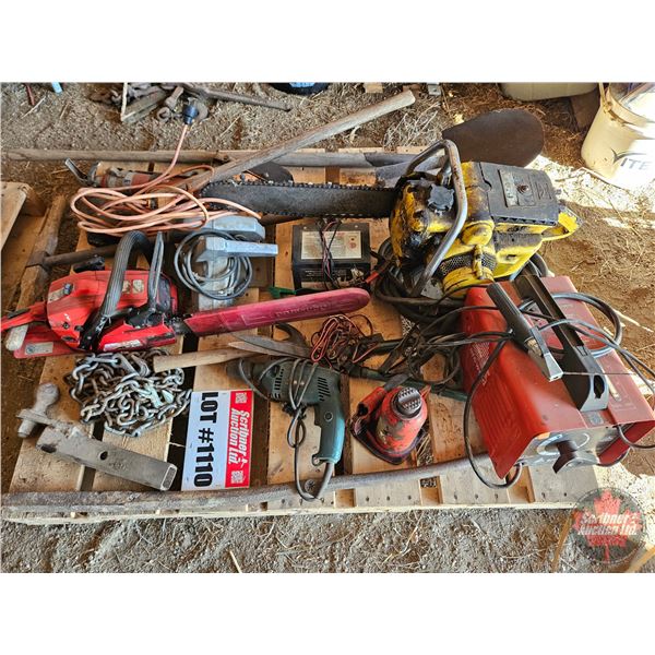 Pallet Lot: Chainsaws, Skil Saw, Arc Welder, Battery Charger, Come-A-Long, Drill, Bottle Jack, etc
