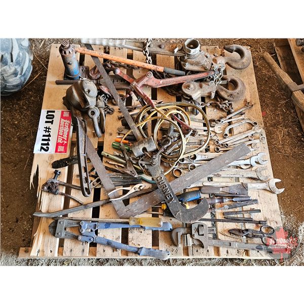 Pallet Lot: Variety Tools (Wrenches, Come-A-Longs (2), Beam Scale, Hydraulic Jack, Boomers, Square, 