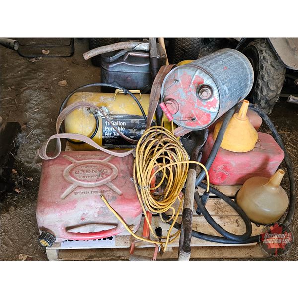 Pallet Lot: 11 Gallon Portable Air Tank, Gas Cans; Funnels, etc