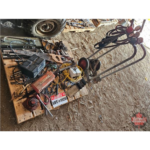 Pallet Lot: Chains & Boomers, Bottle Jack, Battery Charger, Drill Bits, Oxy/Acet Cart with Gauges, A