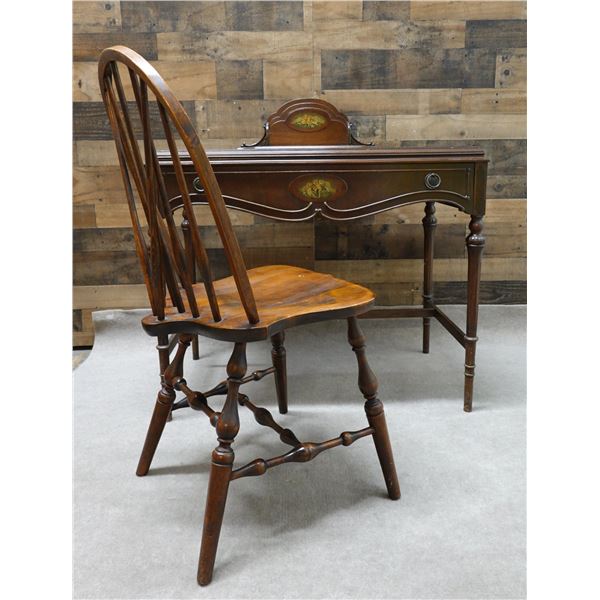 Wooden Desk w/ Drawer, Letter Rack & Cupid Motif 36" x 19" w/ Windsor Bow Back Chair 16" x 14" x 33"
