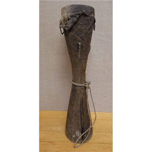 New Guinea Carved Wooden Drum w/ Crocodile Hide 7" Dia, 27"H (cracked)