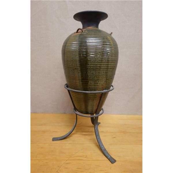 Large Amphora Vase in Wrought Iron Tripod Stand 9.5" Dia, 28"H (inc stand)