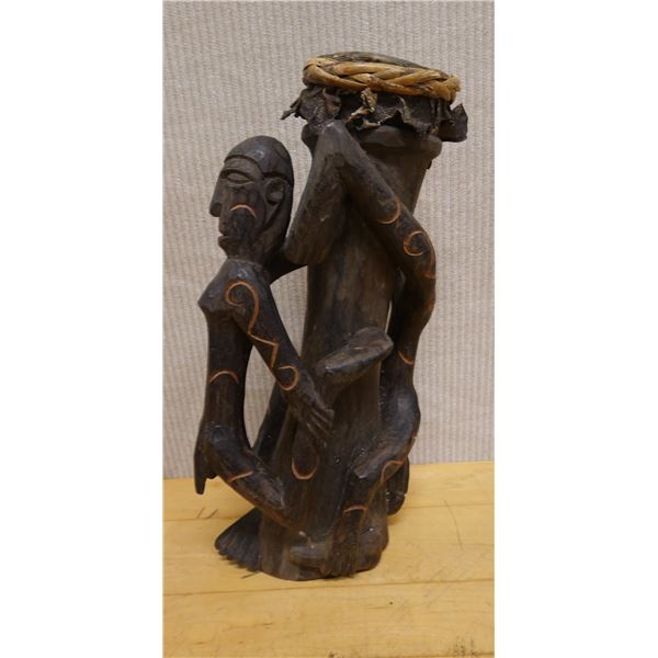 New Guinea Carved Wooden Drum w/ Figure on Handle 8" x 6" x 18"H