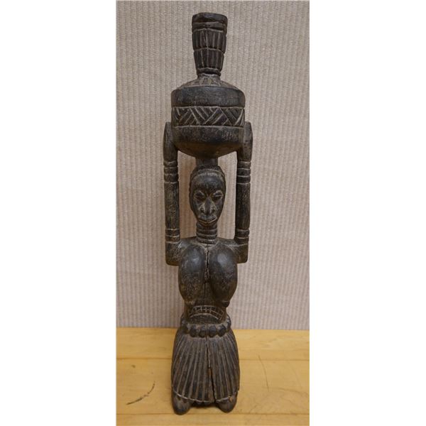 African Hardwood Female Carving w/ Vessel on Head 4.5" x 4.5" x 21"H (cracked)