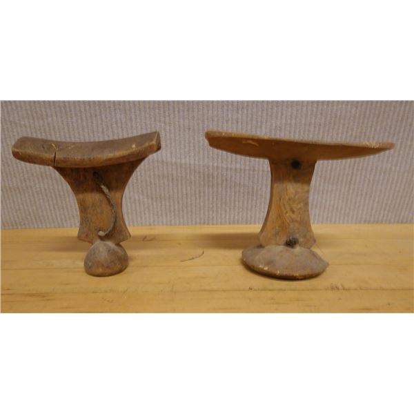 Qty 2 Carved Wooden Tribal Headrests Approx 8-10"L x 7.5"H
