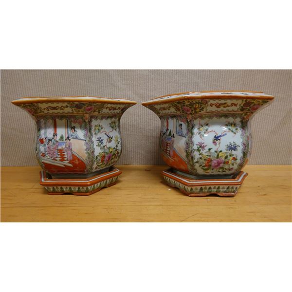 Qty 2 Chinese Famille Rose Porcelain Planters w/ Bases & Maker's Marks 14" x 14" x 10"H