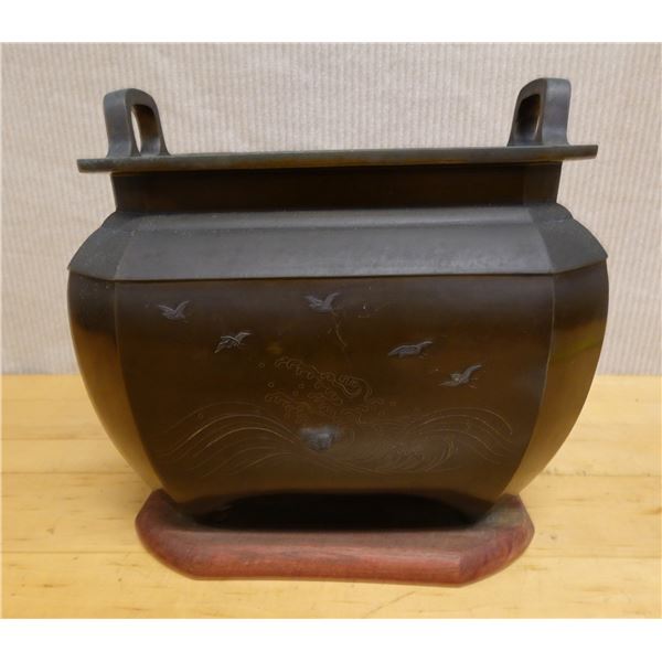 Meiji Japanese Bronze Hibachi on Wooden Base 12" x 12" x 11"H