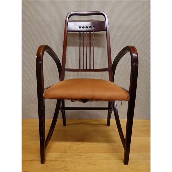 Wooden Thonet Vienna Secession Chair w/ Bentwood Arms & Upholstered Seat 21" x 17" x 40"H