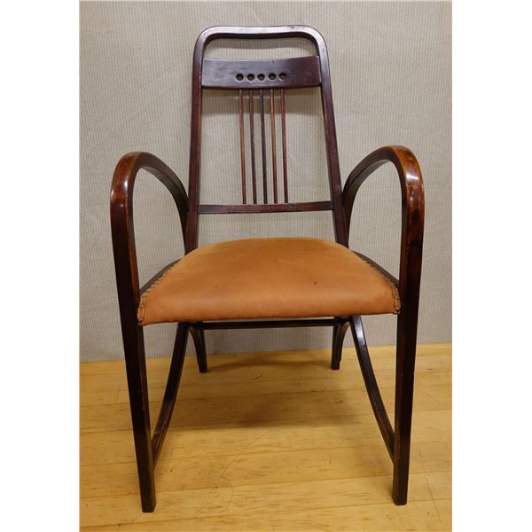 Wooden Thonet Vienna Secession Chair w/ Bentwood Arms & Upholstered Seat 21" x 17" x 40"H