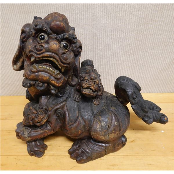 Carved Wooden Chinese Guardian Lion Fu Dog Statue 19" x 8" x 16"H (cracked)