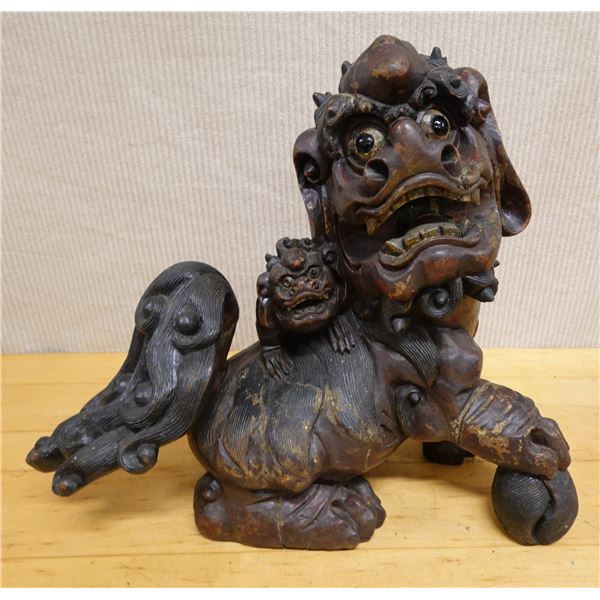 Carved Wooden Chinese Guardian Lion Fu Dog Statue 19" x 8" x 16"H (cracked)