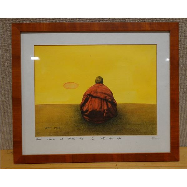 Dalai Lama at Dusk Print #8 by Artist Nan (?) w/ Asian Calligraphy 16" x 13", Framed & Matted