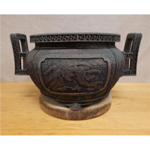 Carved Japanese Temple Censer Incense Burner w/ Handles Circa 1900's, 15" Dia, 12"H