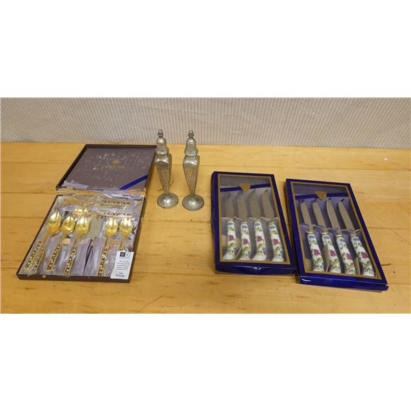 Box Set of 6 Cloisonne Spoons w/ Floral Design, 4 Porcelain Handle Knives & Salt & Pepper Shakers