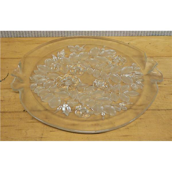 Clear Platter w/ Floral Motif, Scalloped Edges & Handles 14" Dia
