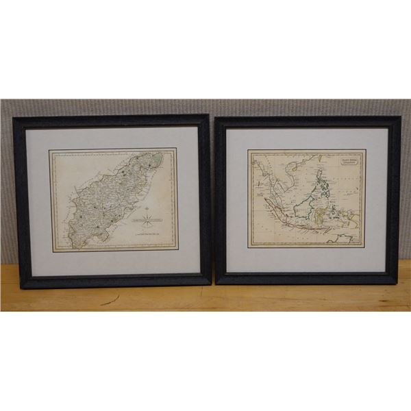 Qty 2 Framed Maps: Northamptonshire & East India Islands 15" x 15", Framed & Matted