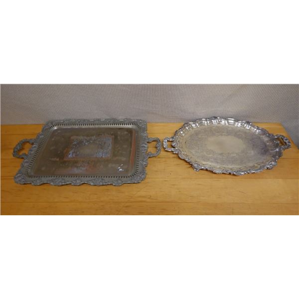 Qty 2 Metal Engraved Platters w/ Handles, Misc Shapes & Sizes