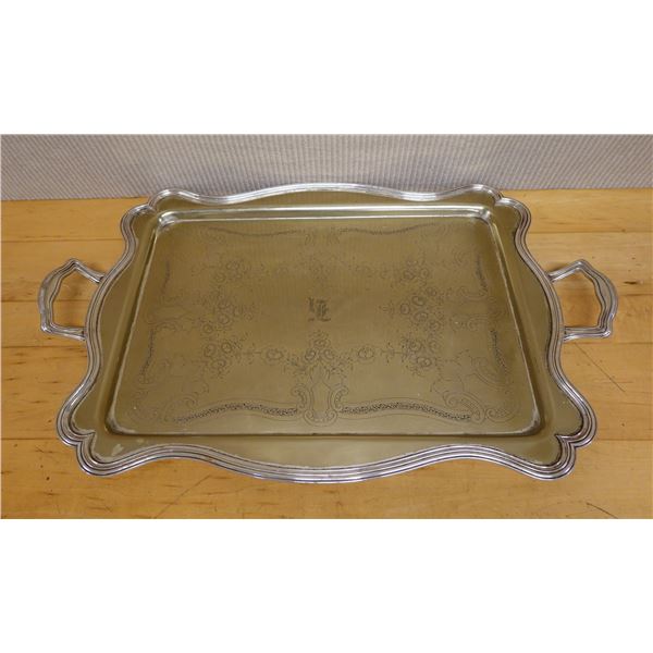 Rectangular Metal Engraved Platter w/ Sterling Silver Mounts 07607/24 & Handles, 26" x 18"