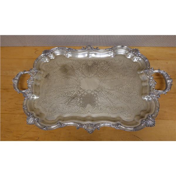 Rectangular Metal Engraved Platter Marked Silver on Copper w/ Makers Mark & Handles 26" x 17"