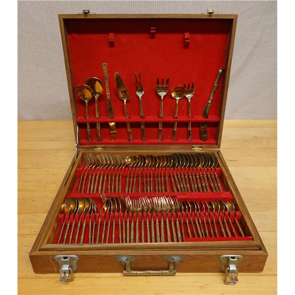 Thai Brass Flatware Set in Wooden Case Approx. 5"-7"L