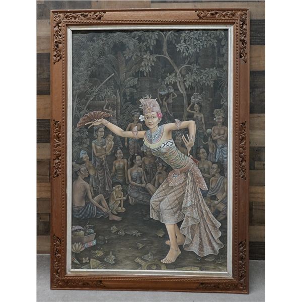 Large Bali Dancer Artwork by J. Wayan ASTA 1984 in Ornate Carved Framed 43" x 62" (torn)