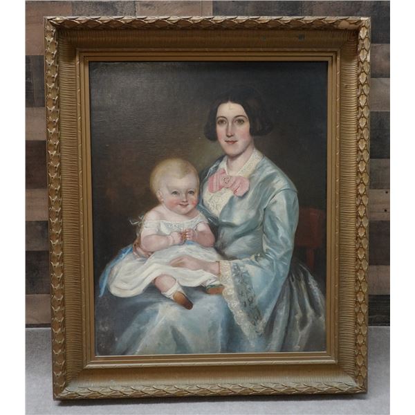 Mother & Child Primitive Oil Painting Attributed to Robert Whale Circa 1900's, 35" x 48", Framed