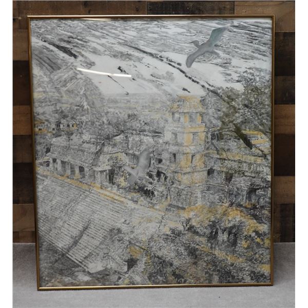 Abstract Maya Temple Painting by Jeff Dunn 30" x 34", Framed