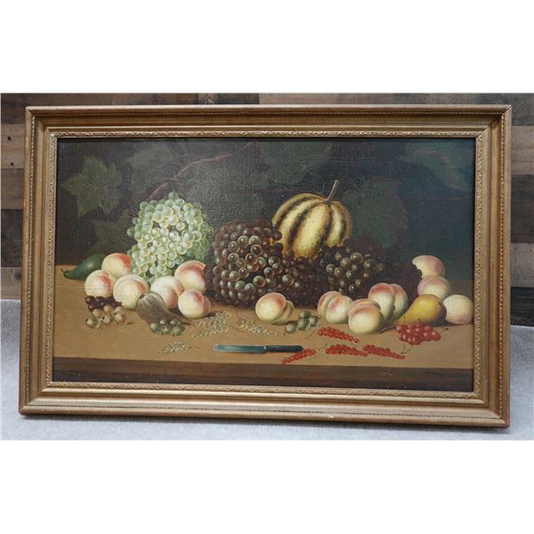 Still Life Folk Art Painting by R. Hiwn (?) Marked 222/427 in Chalk 38" x 25", Framed
