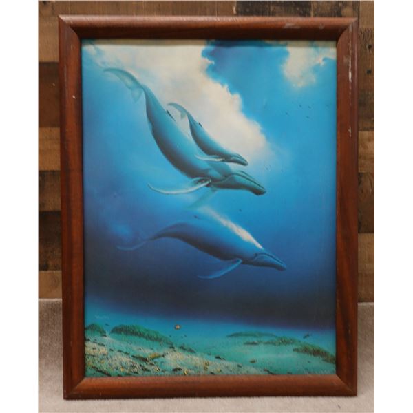 Humpback Family Whales Giclee Print on Canvas by Wyland 32" x 25", Koa Framed