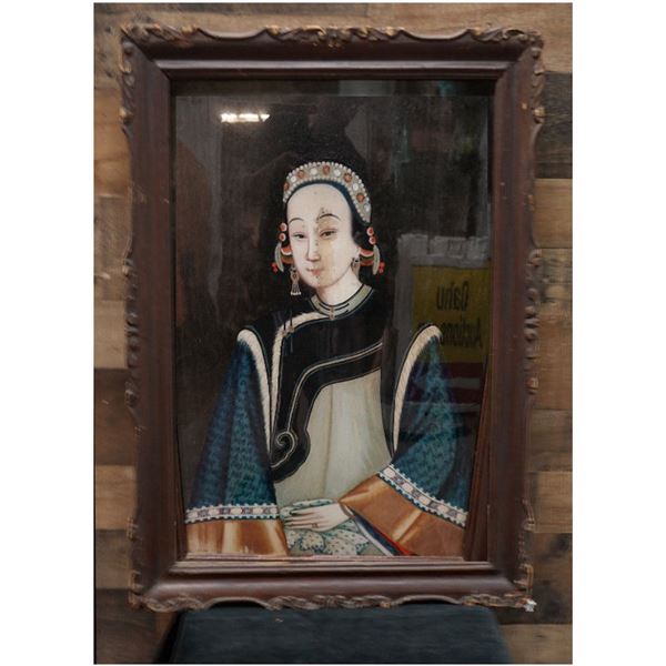 Chinese Woman Qing  Reverse Glass Painting 22" x 30", Framed