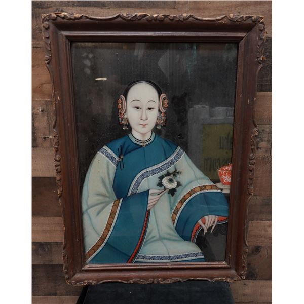 Chinese Woman Qing  Reverse Glass Painting 22" x 30", Framed