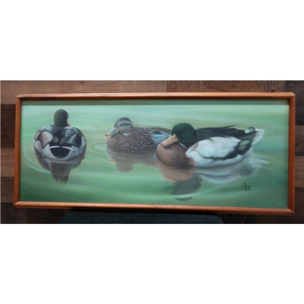 Ducks in Water Artwork by Artist Initials JL 31" x 14", Framed