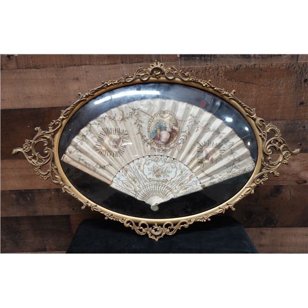 Vintage Hand Fan in Ornate, Gilded Oval Metal Frame 27" x 17"