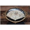 Image 1 : Vintage Hand Fan in Ornate, Gilded Oval Metal Frame 27" x 17"