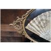 Image 6 : Vintage Hand Fan in Ornate, Gilded Oval Metal Frame 27" x 17"