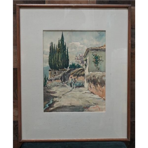 Italian Watercolor Painting by Kennedy (?) 19" x 23", Koa Framed & Matted