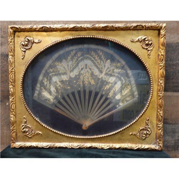 Vintage Hand Fan in Ornate, Gilded Frame 16" x 13"