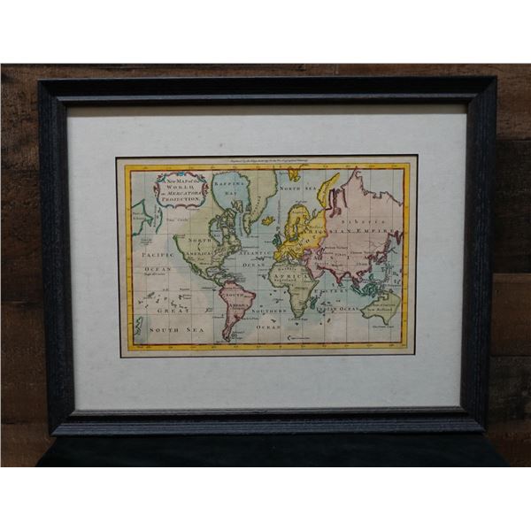 New Map of the World on Mercators Projection Hand Colored Print 17" x 14", Framed & Matted