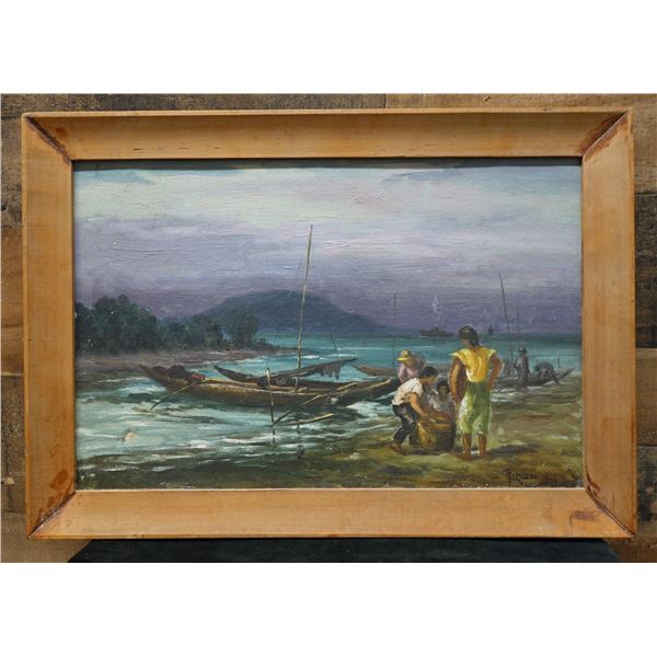Fisherman Landing Filipino Oil Painting by T. Bernardo w/ Dedication 20" x 14", Framed